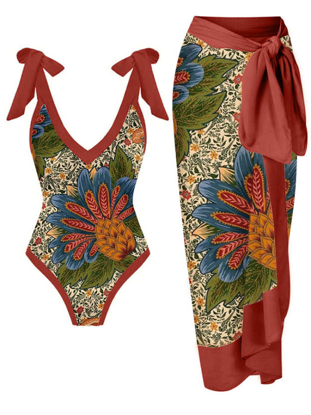 Printed Lace Up Chic One Piece Swimsuit