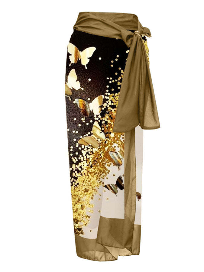 V-Neck Colorblock Butterfly Print One-Piece Swimsuit Set