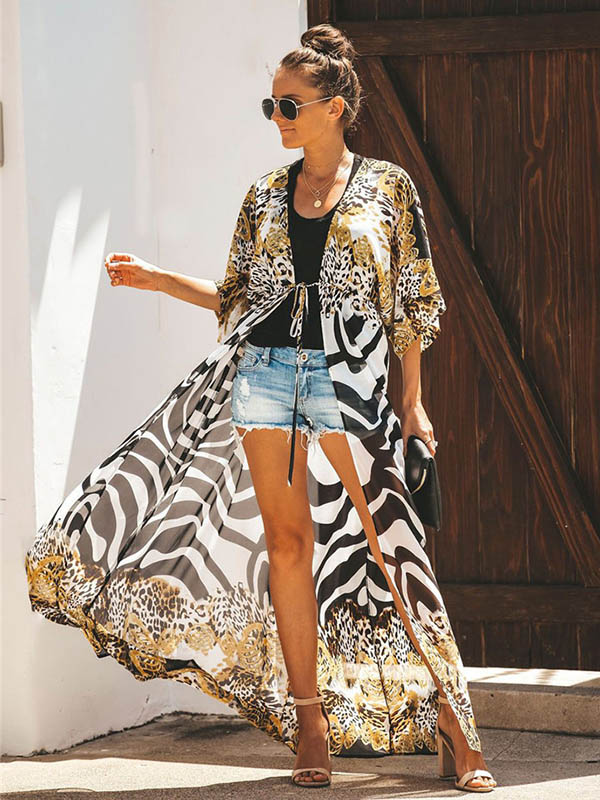 Chiffon Leopard&Zebra Short Sleeve Loose Cardigan Cover-Up Swimwear