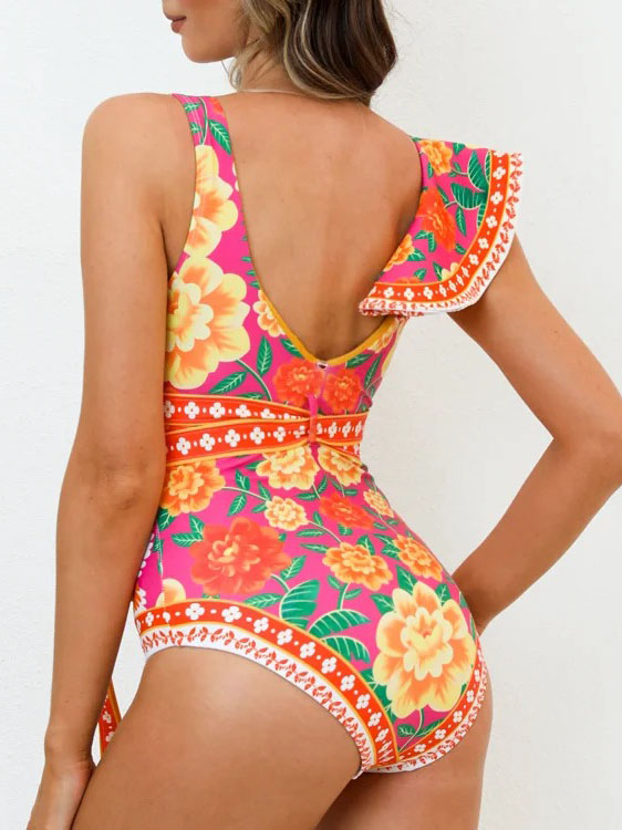 Vintage Ruffled Floral Print Swimsuit