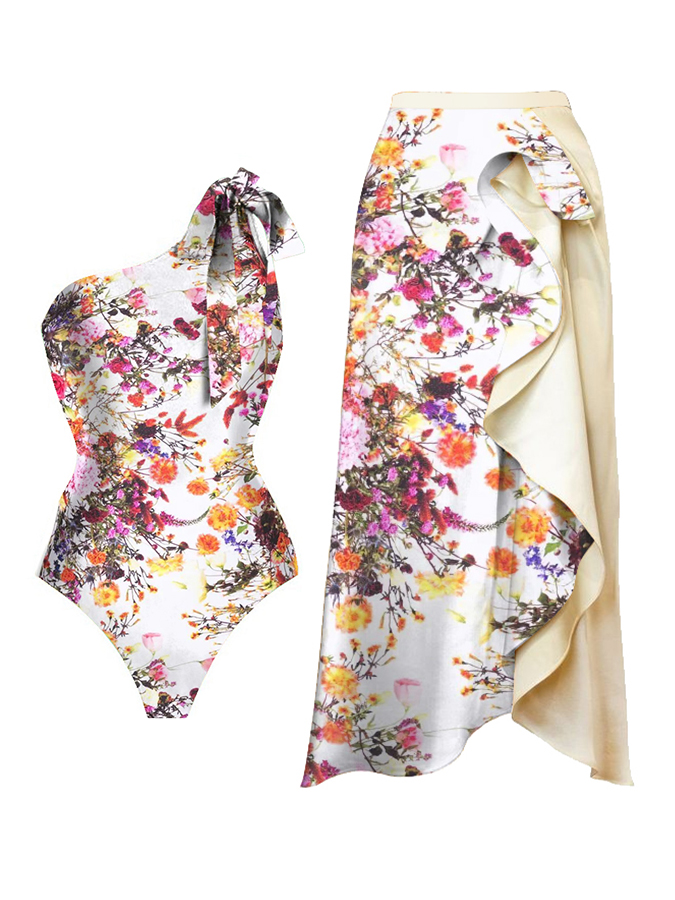 One Shoulder Floral Print One Piece And Cover Up