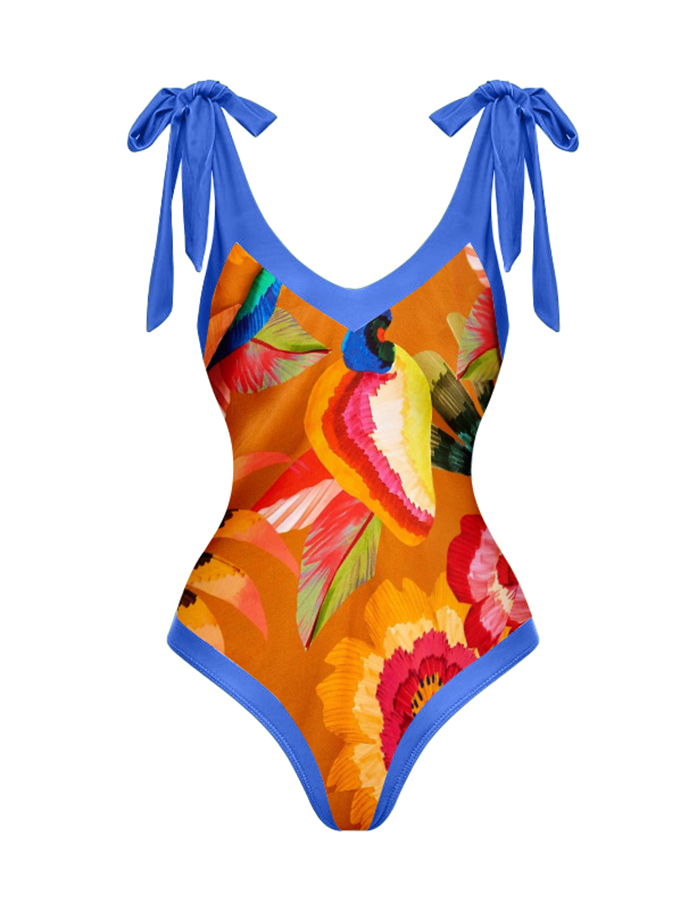 Vintage V Neck Colorblock Print One Piece Swimsuit And Cover Up