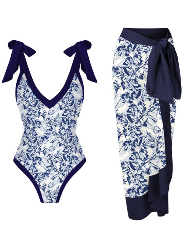 V-Neck Print One-Piece Swimsuit Set