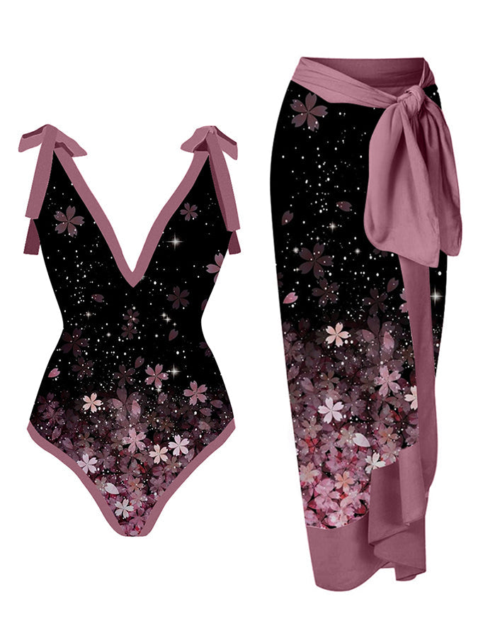 Fashion V-Neck Floral Gradient Print One-Piece Swimsuit