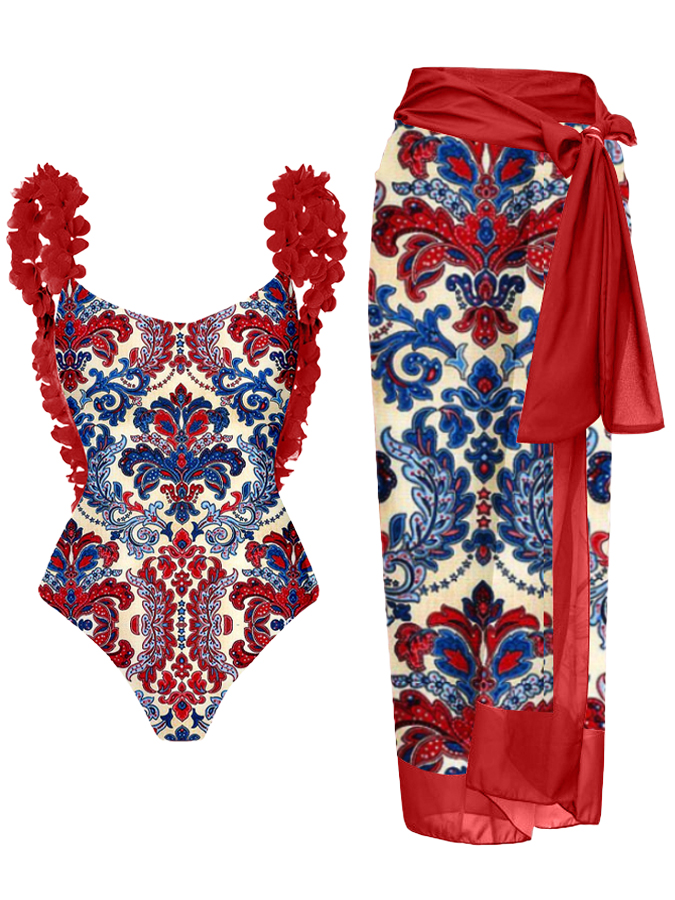 Vintage Colorblock Print Swimsuit and Cover-up