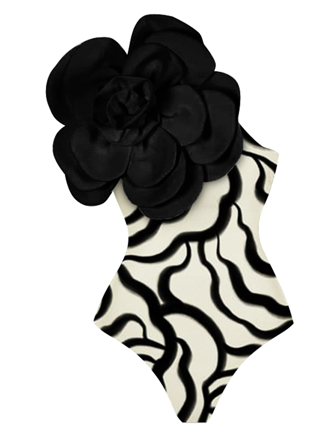 Exaggerated 3D Flower Printed One Piece Swimsuit and Skirt