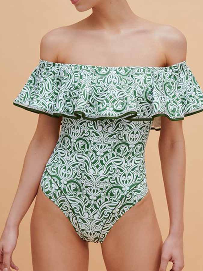 One-Shoulder Printed Ruffled Swimsuit