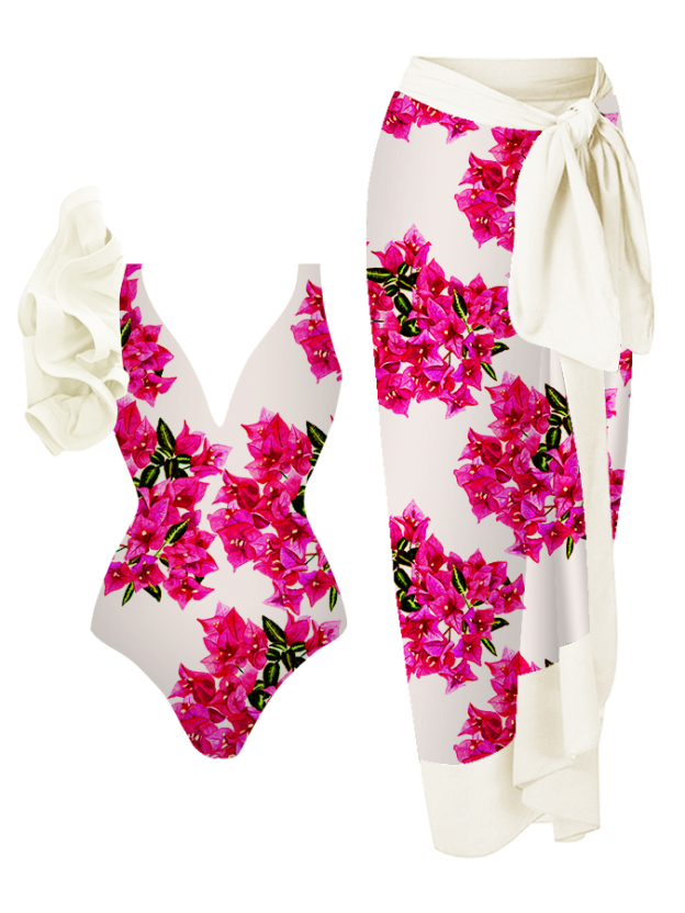 Bougainvillea print one-piece swimsuit and cover-up
