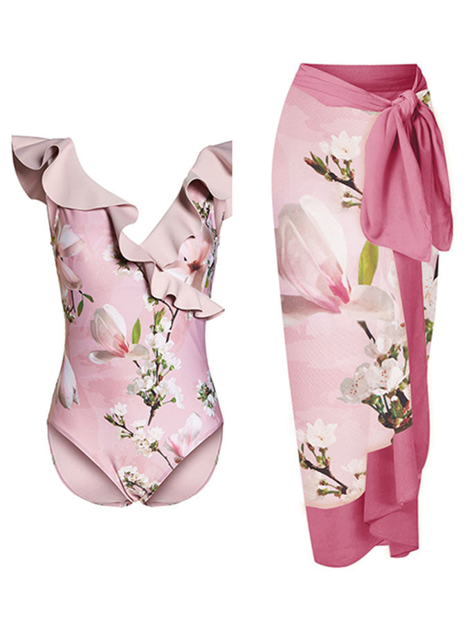 V-Neck Ruffled Floral Print Swimsuit Set