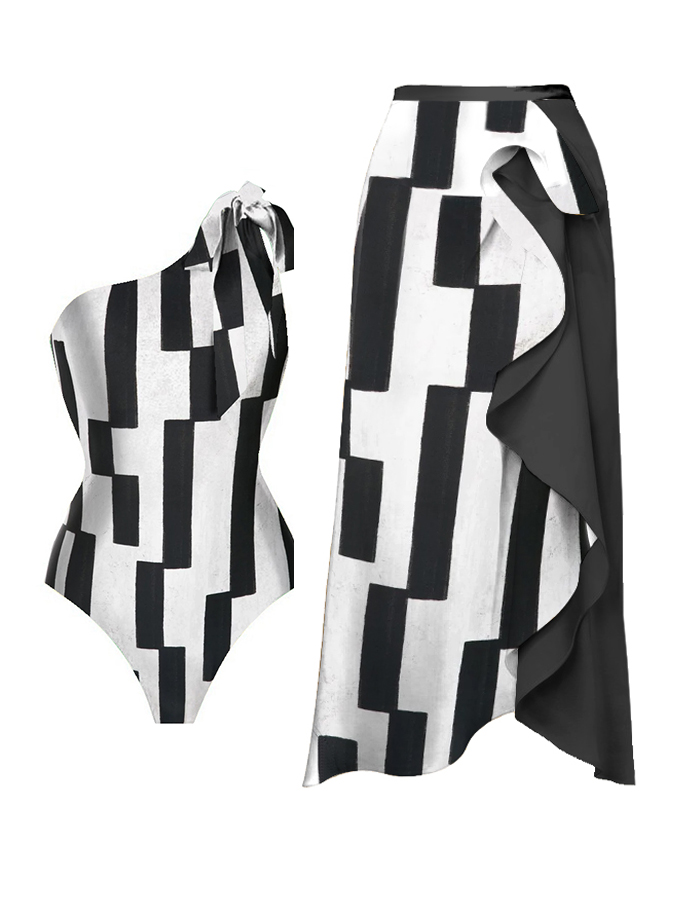 Black & White Offset Stripes Print One Shoulder One Piece Swimsuit And Cover Up