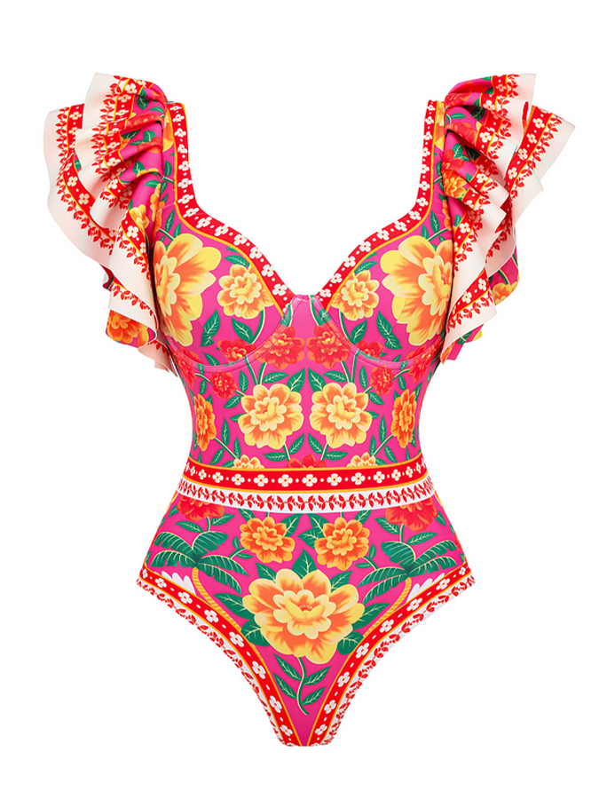 Vintage Ruffled Floral Print Swimsuit