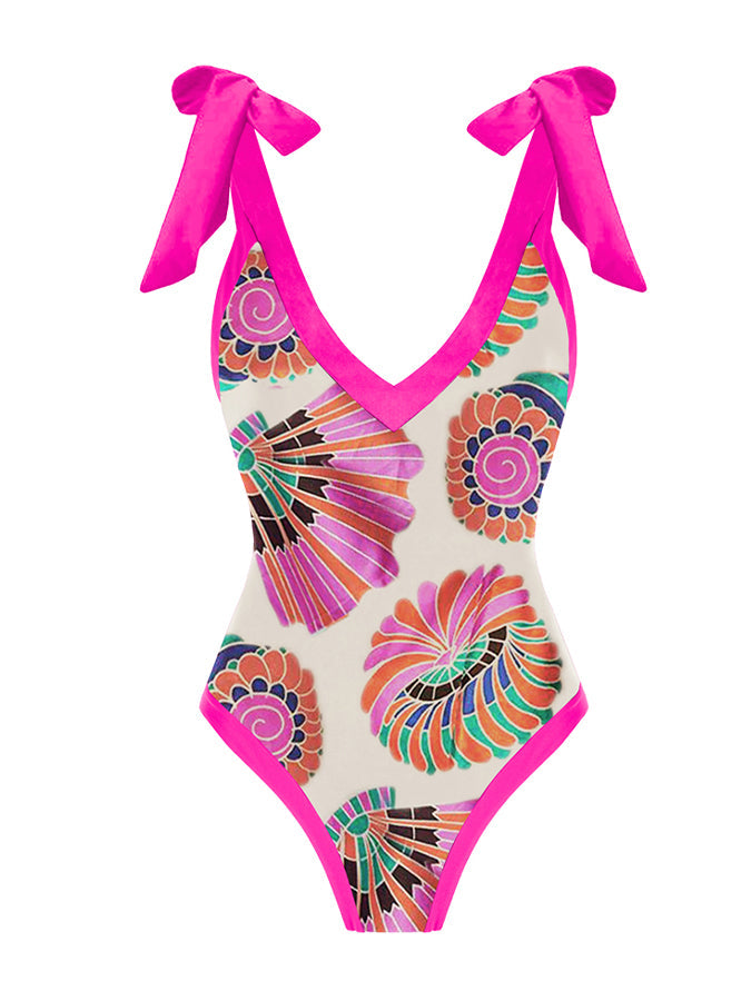 Vintage V-neck Colorblock Print One Piece Swimsuit