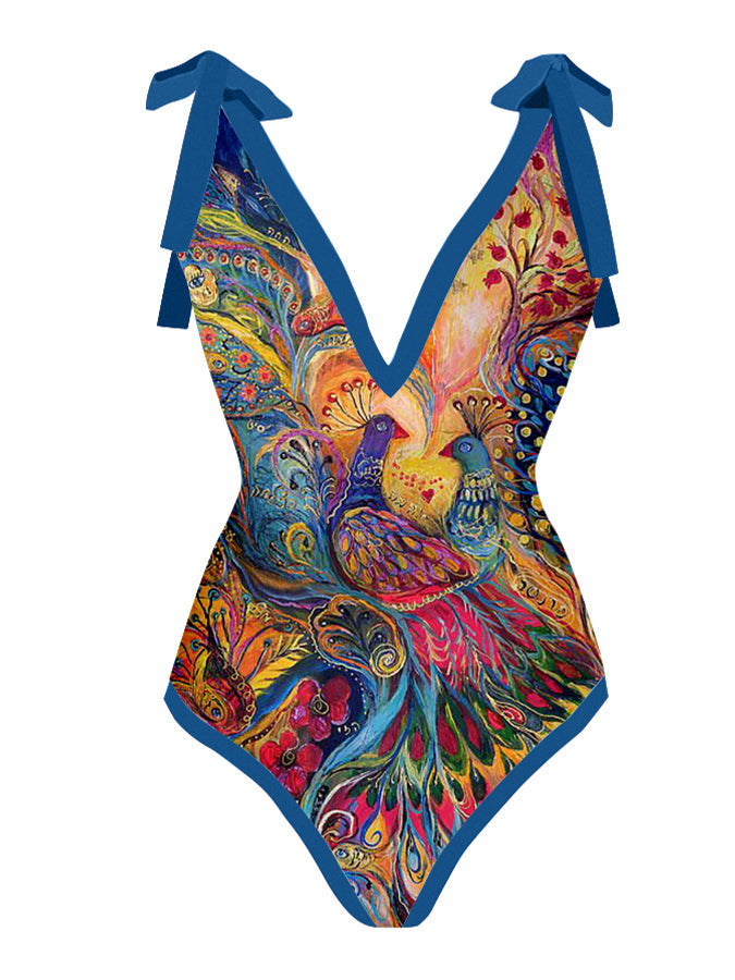 Deep V Vintage Abstract Print One-Piece Swimsuit Set