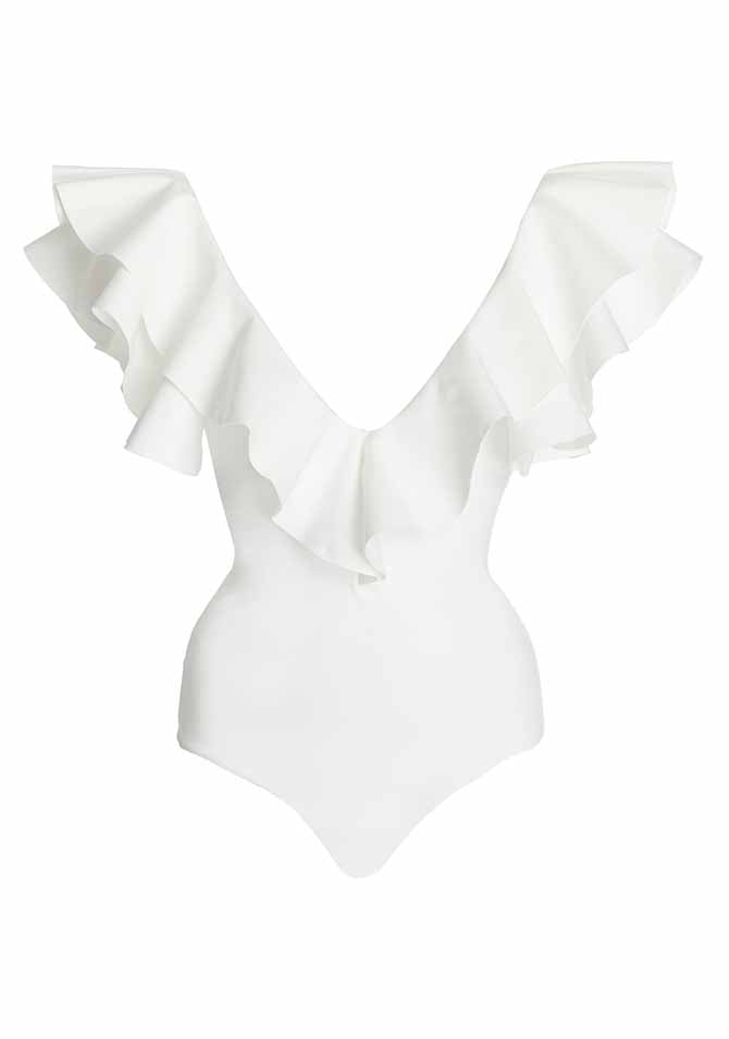 V-Neck Ruffled Solid Color One-Piece Swimsuit