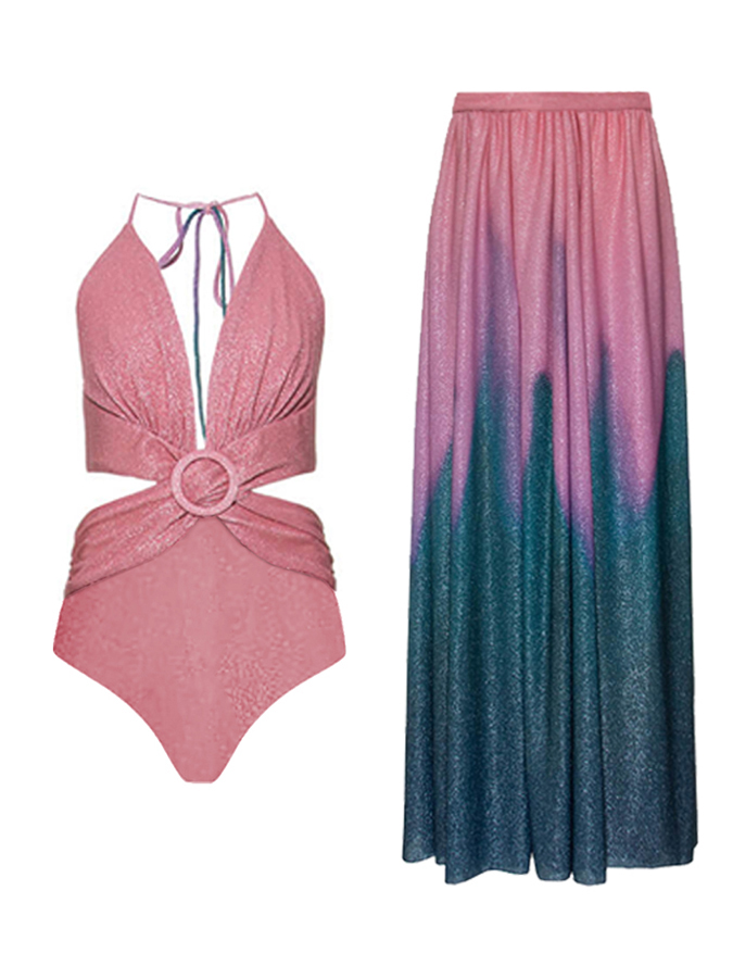Plain One Piece Swimsuit And Ombre Cover Up