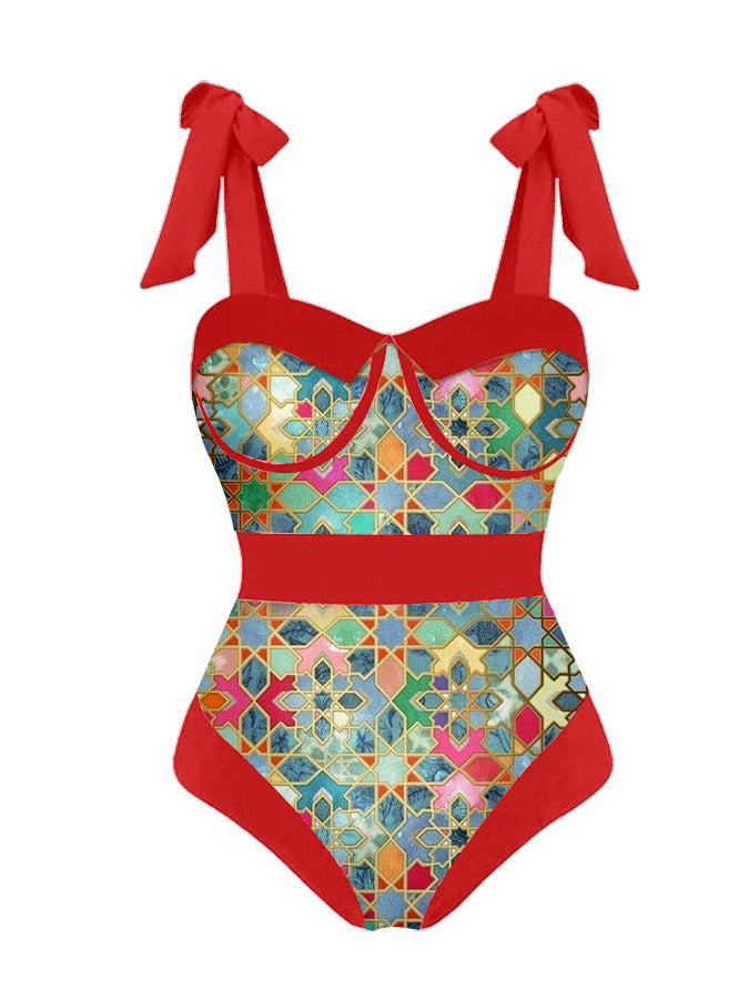 Vintage Colorblock Ethnic Print Swimsuit Set