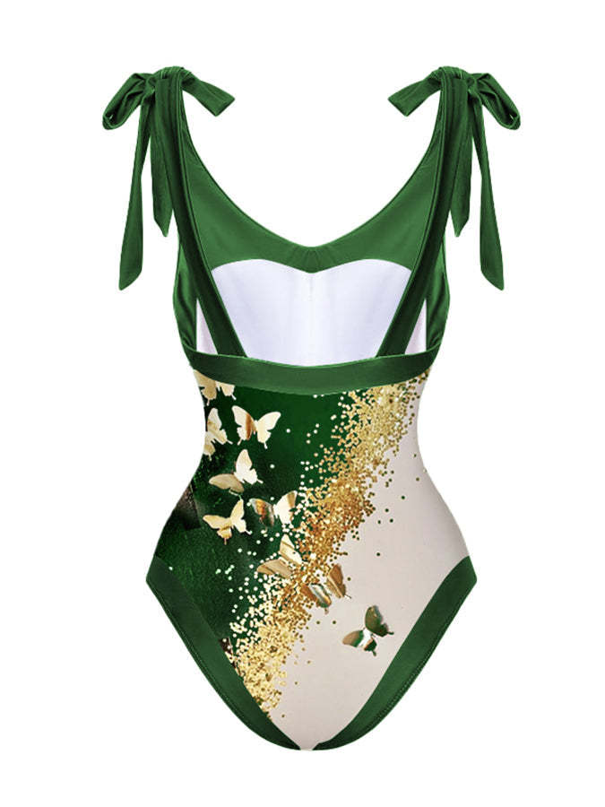 V-Neck Colorblock Butterfly Print One-Piece Swimsuit Set