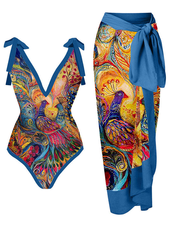 Deep V Vintage Abstract Print One-Piece Swimsuit Set