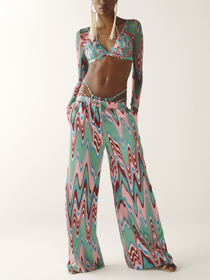 V-Neck Colorblock Printed Swimsuit and Pants