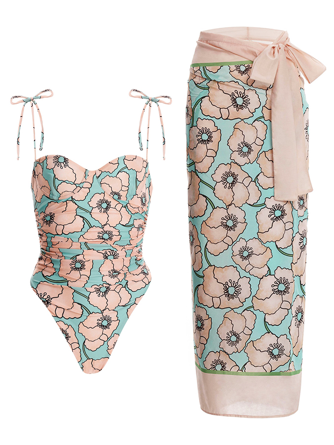 Floral Colorblock Print One-Piece Swimsuit and Cover-up