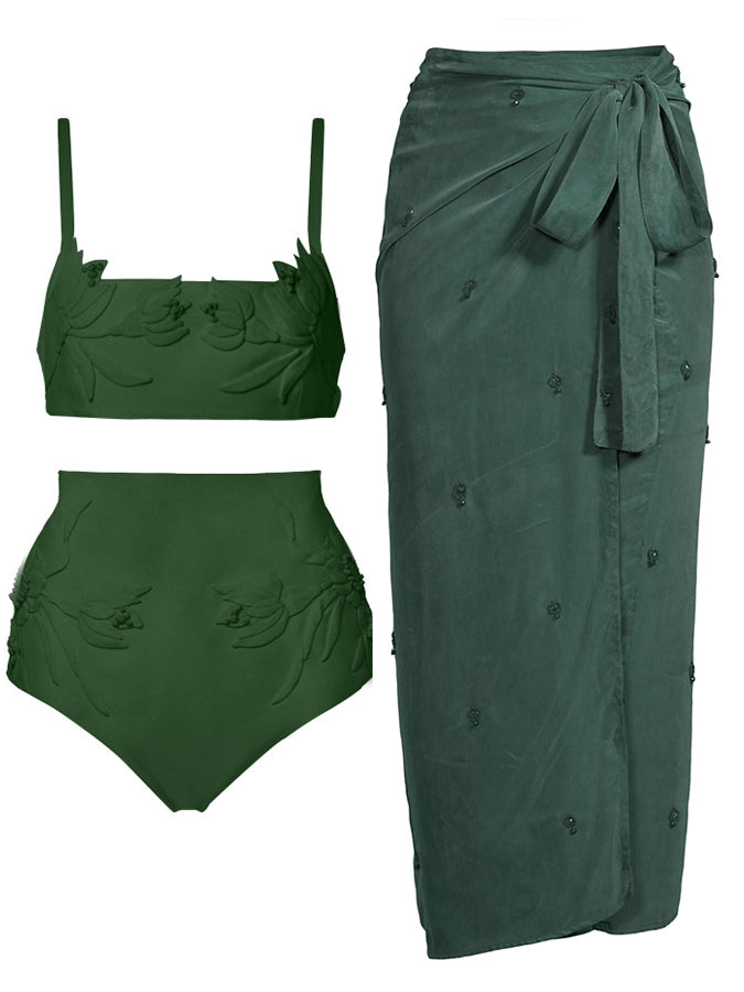 Solid Color Embossed Pattern Fashion Bikini Swimsuit