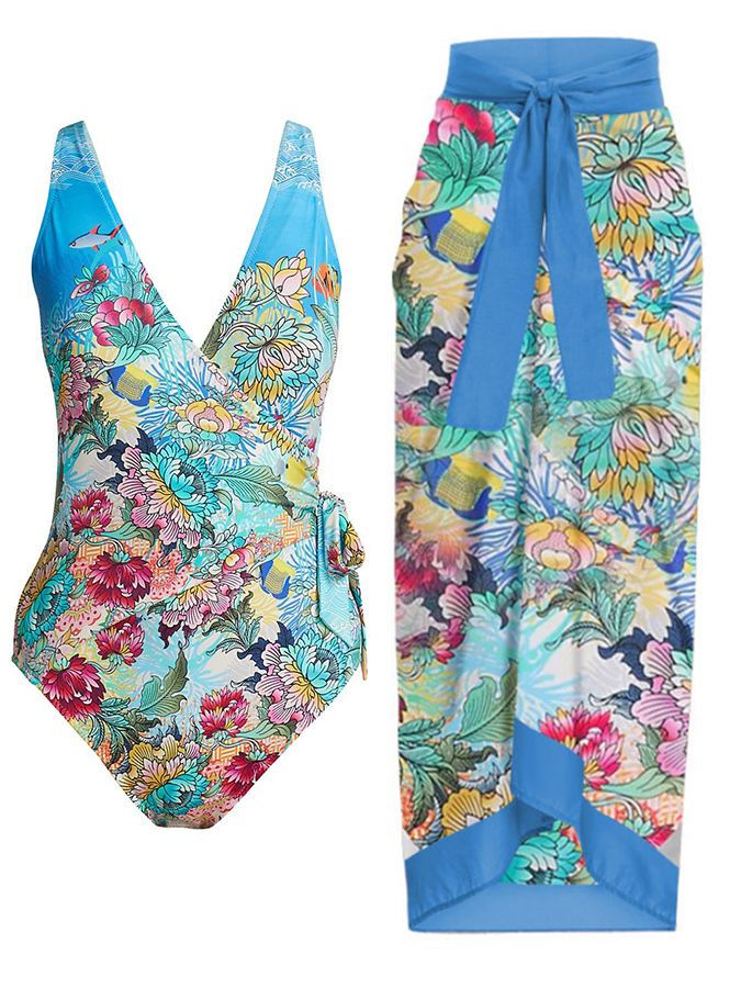 Fashion Print Wrap One-Piece Swimsuit