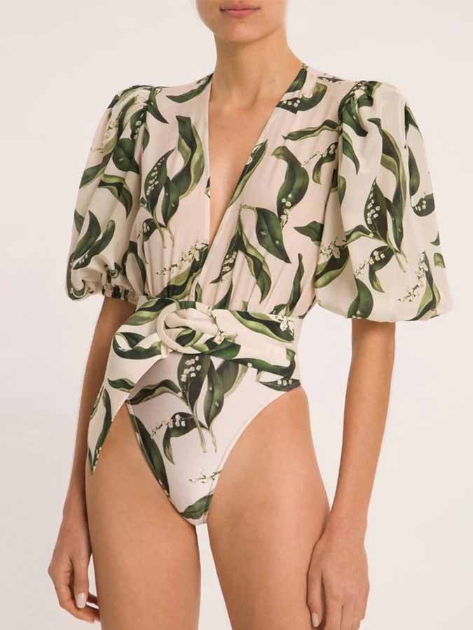 Deep V-Neck Puff Sleeve Printed One-Piece Swimsuit