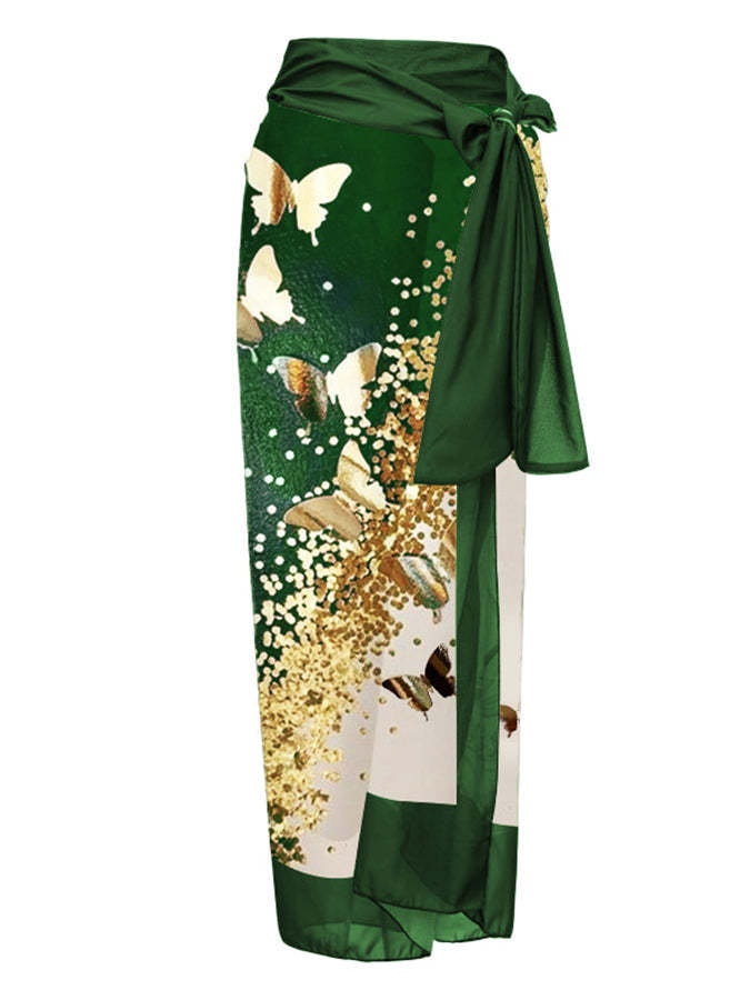 V-Neck Colorblock Butterfly Print One-Piece Swimsuit Set