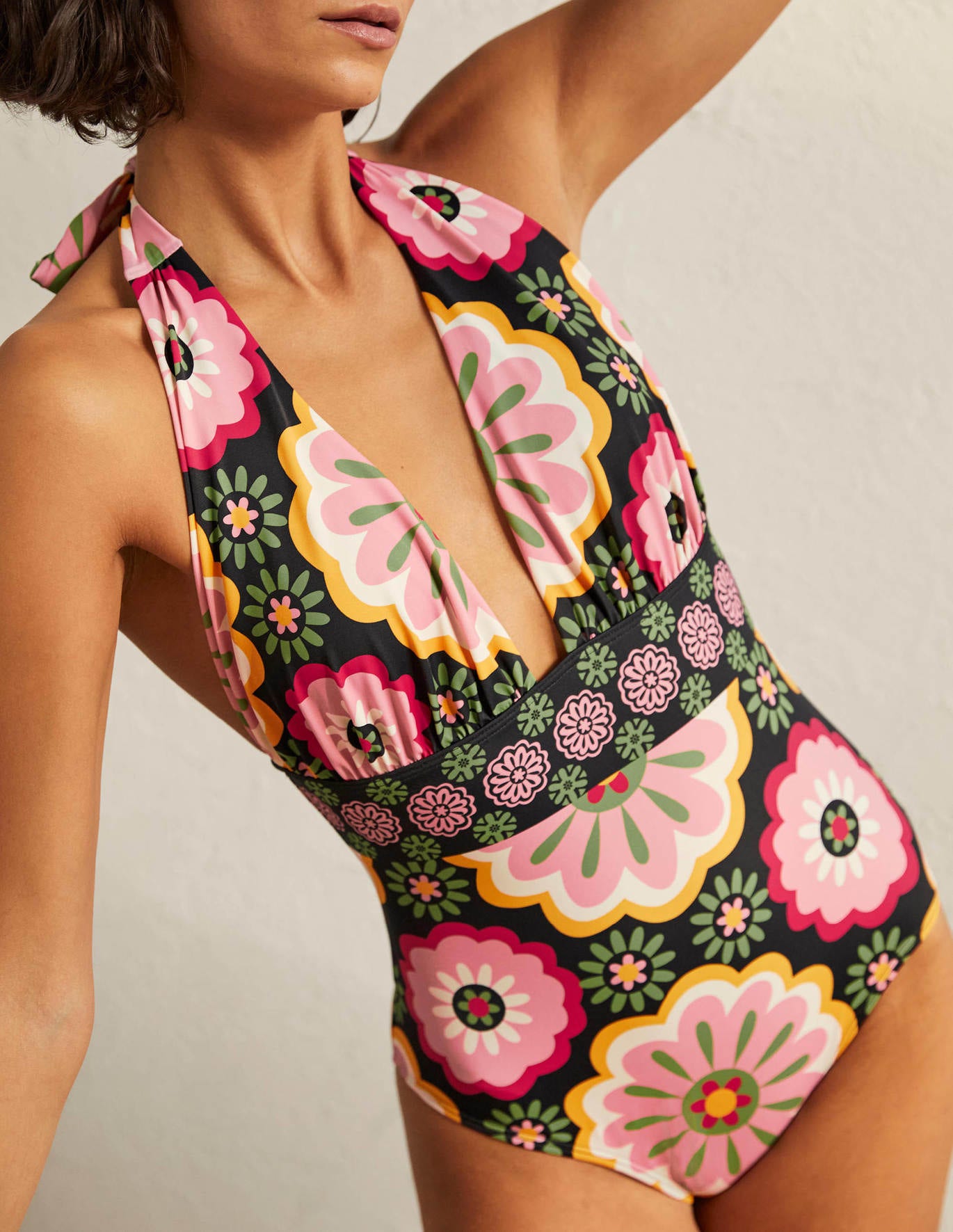 Fashion Print Deep V Neck Backless One Piece Swimsuit