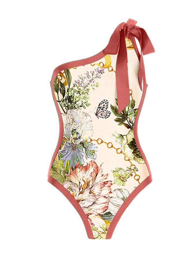 One Shoulder Floral Print One Piece Swimsuit and Skirt
