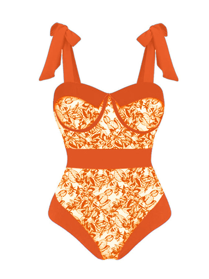 Vintage Colorblock Print Swimsuit Set