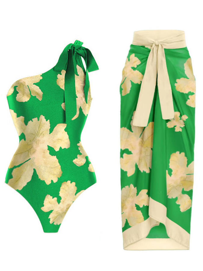 One Shoulder Floral Print Swimsuit Set