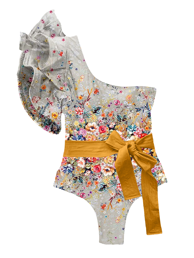 Ruffled Floral Print Colorblock One-Piece Swimsuit and Cover-up
