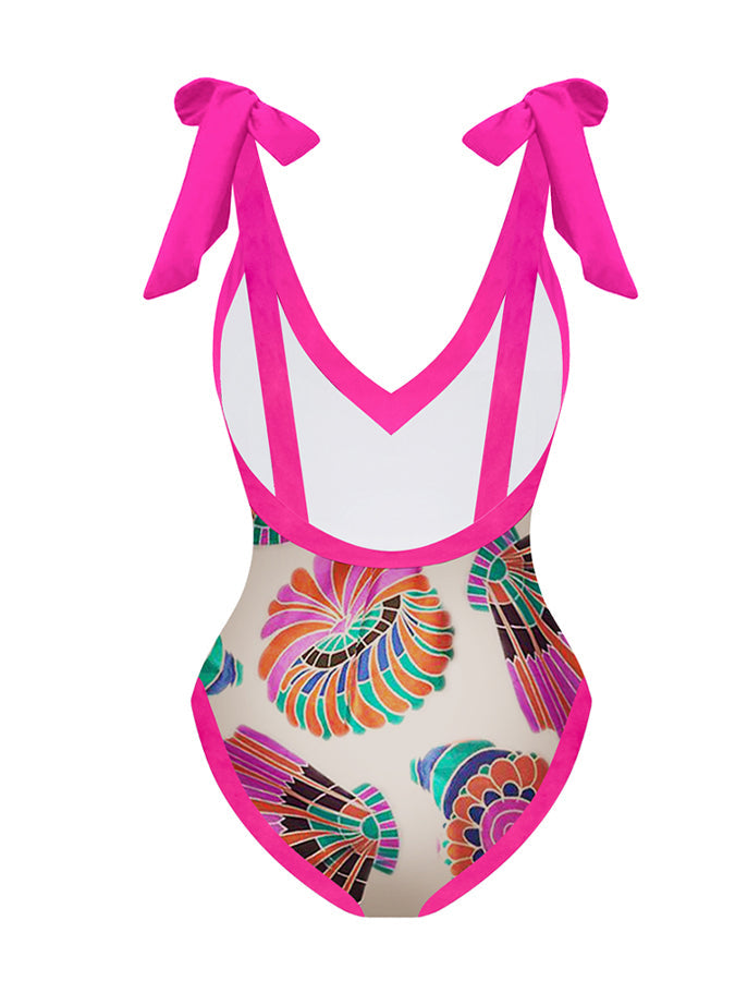 Vintage VNeck Colorblock Print One Piece Swimsuit