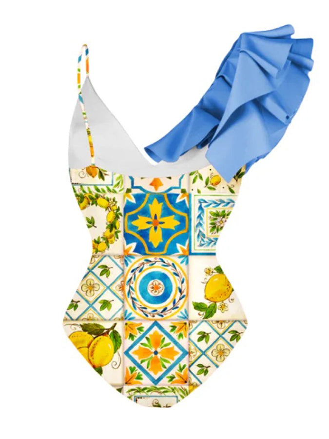Vintage VNeck Ruffle Colorblock Print OnePiece Swimsuit