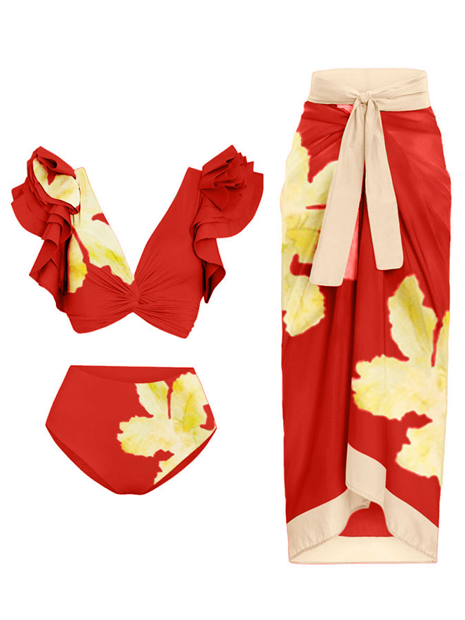Deep V Ruffled Floral Print Swimsuit Set