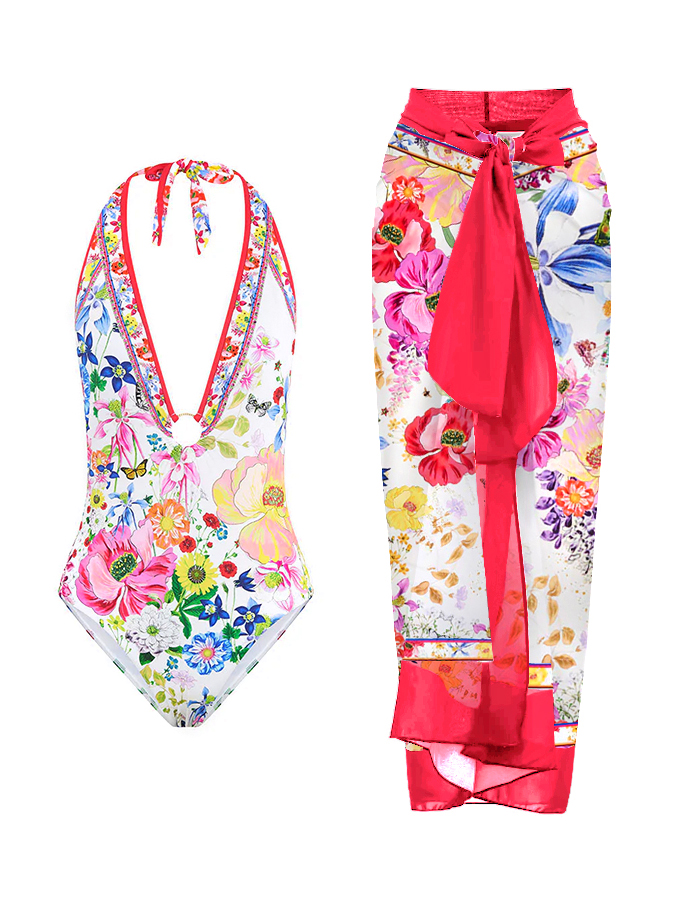 Watercolor Floral Print Halter One Piece And Cover up