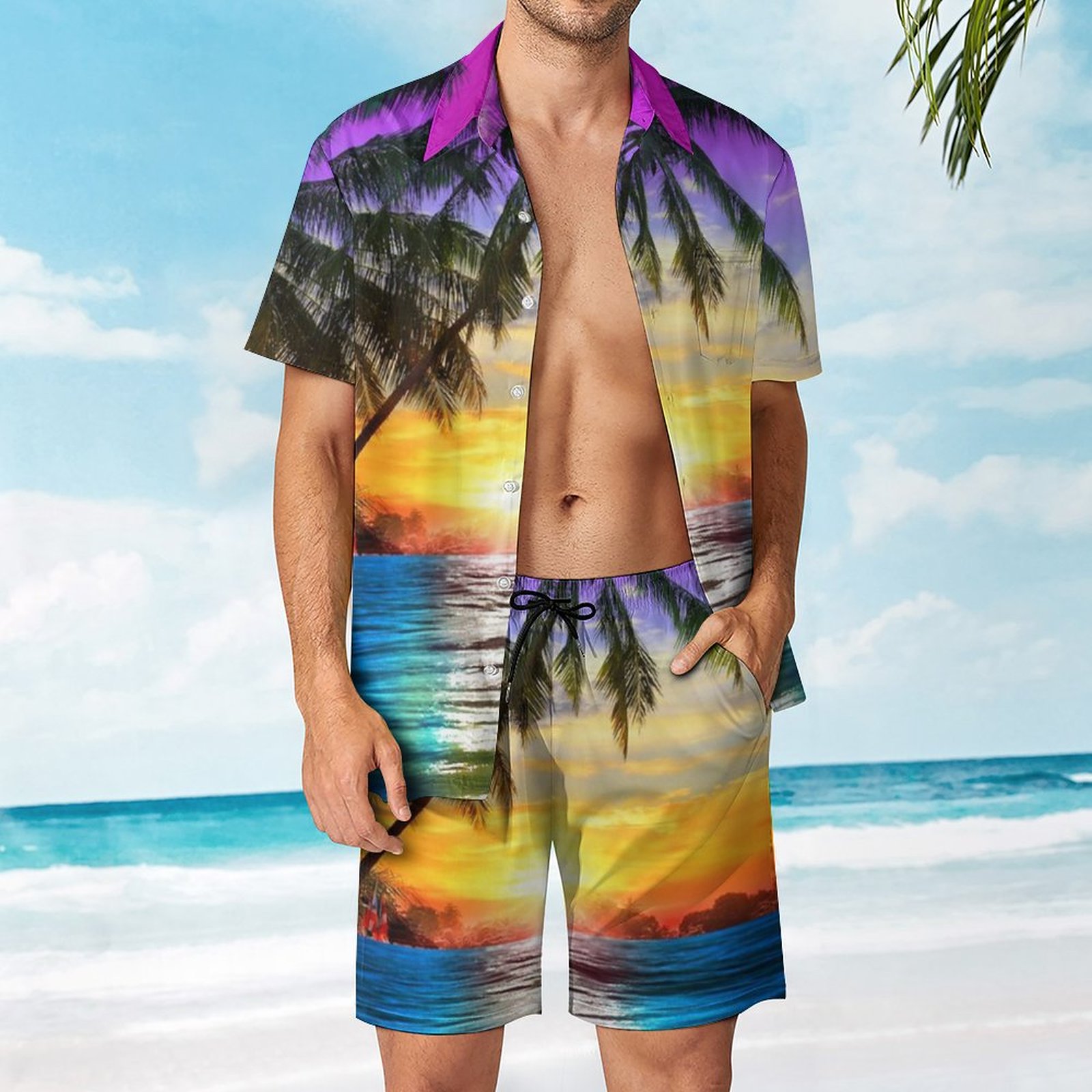 Men's Hawaiian Print Beach Two-Piece Suit 2304104057
