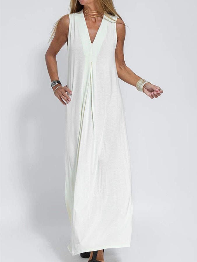 Solid V-neck Casual Sleeveless Maxi Dres