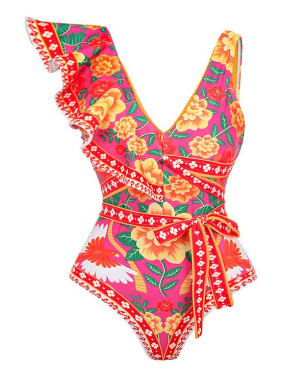 Vintage Ruffled Floral Print Swimsuit