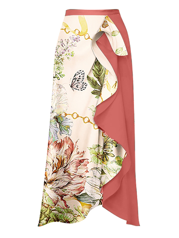 One Shoulder Floral Print One Piece Swimsuit and Skirt