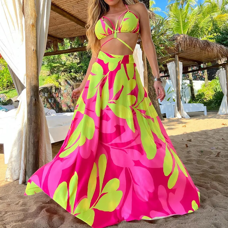 Sexy Open Back Printed High Waist Bikini and Cover Up