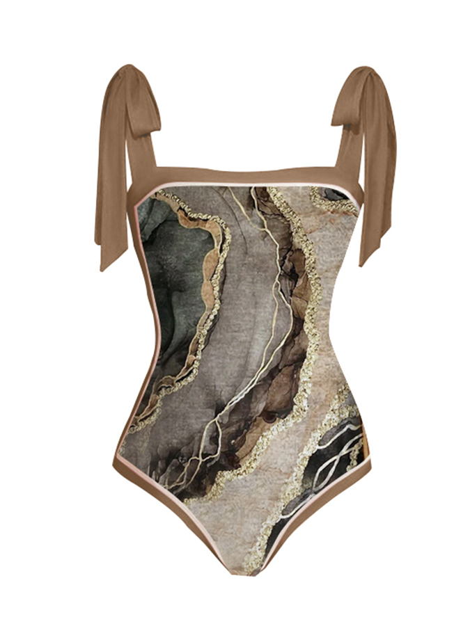 Vintage Abstract Colorblock Print One-Piece Swimsuit and Cover-up