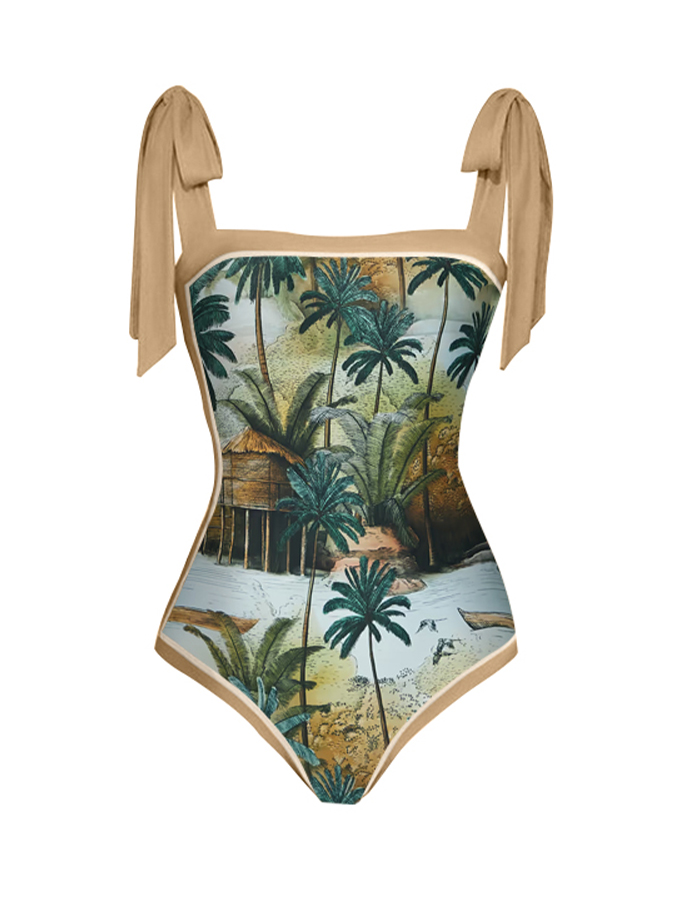 Fashion Print Lace Up One Piece Swimsuit