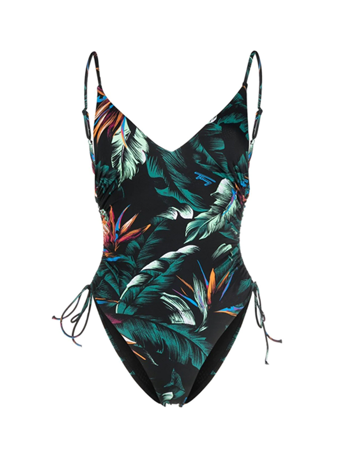 Vintage Floral Print Drawstring One-Piece Swimsuit And Cover Up