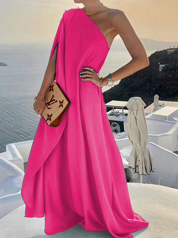 Stylish and Elegant Solid Color Loose One-shouldered Maxi Dress