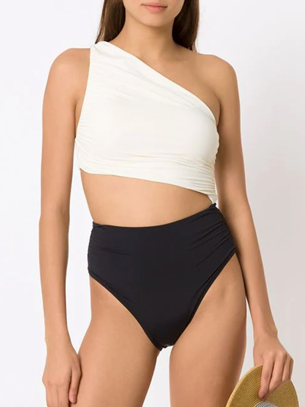 Black & White Color Block One Shoulder One-Piece Swimsuit And Cover Up