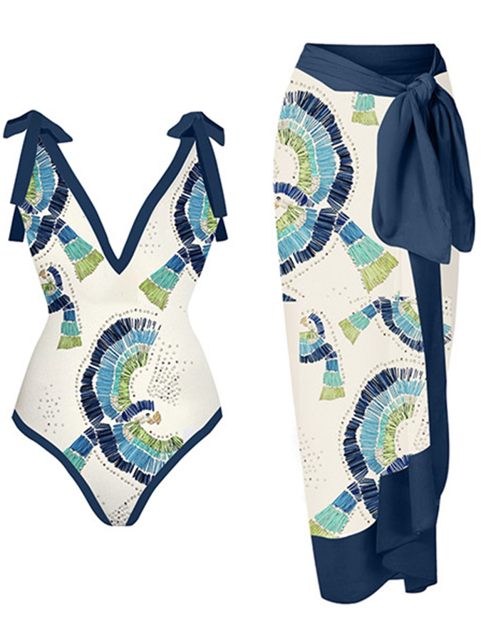 Deep V Print One Piece Swimsuit And Cover Up