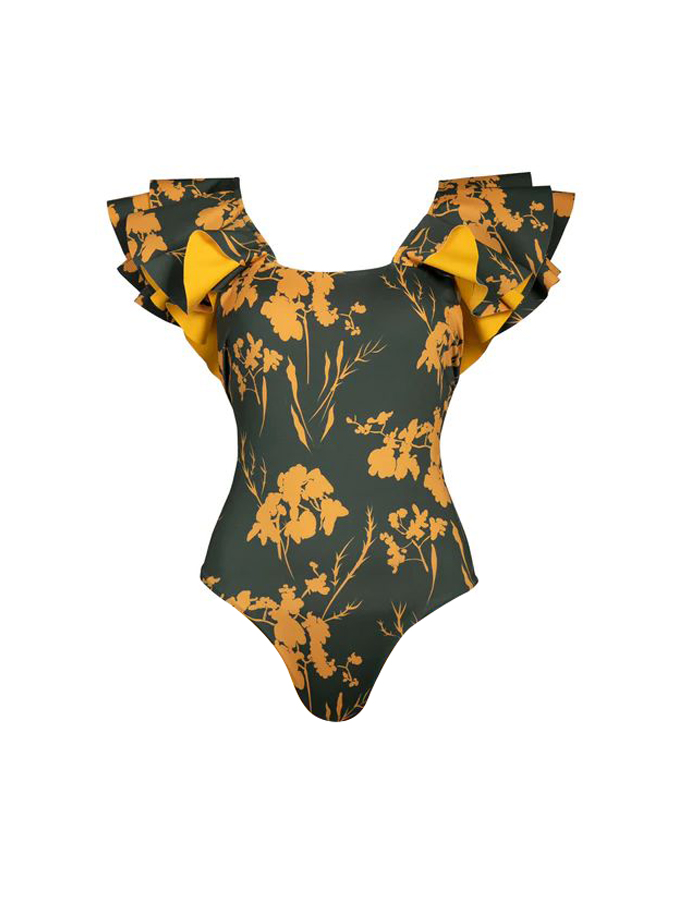 Ruffle Neck Floral Print One-Piece Swimsuit and Cover Up