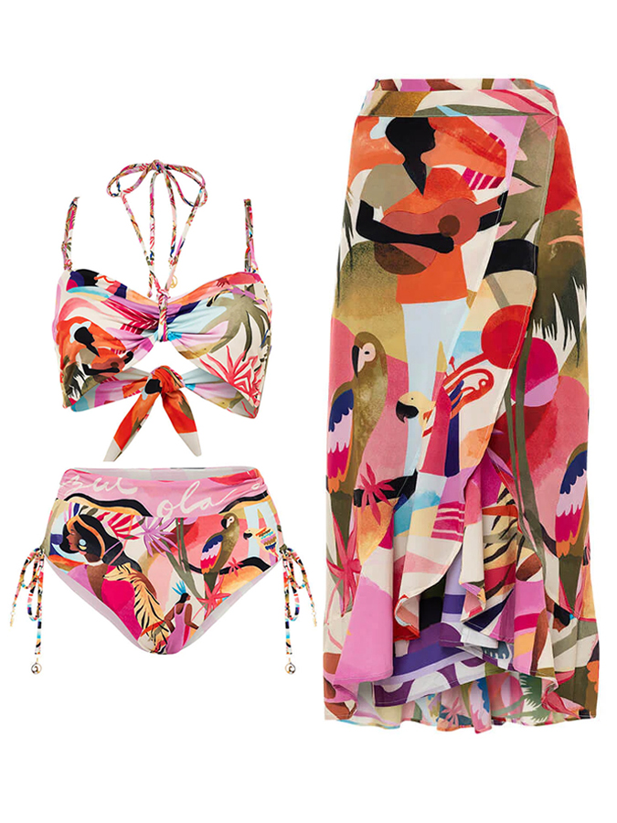Tropical Flower and Bird Print Bikini And Cover Up